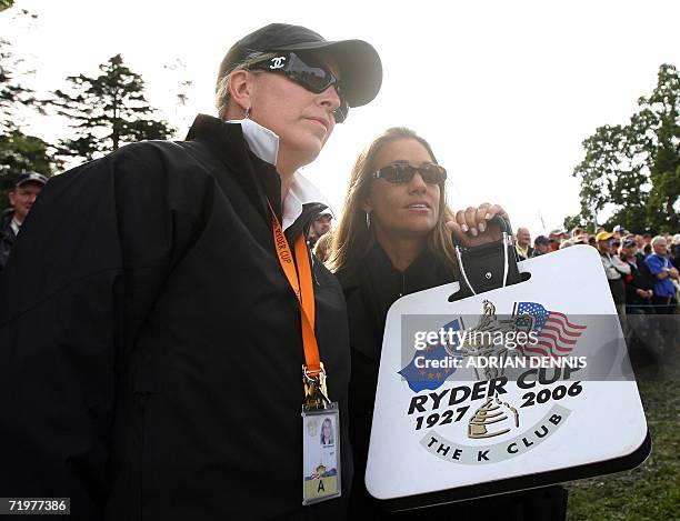 Kim Roberts, wife of United States Ryder Cup Assistant Captain Loren Roberts, talks with Melissa Lehman, wife of Ryder Cup Captain Tom Lehman, during...