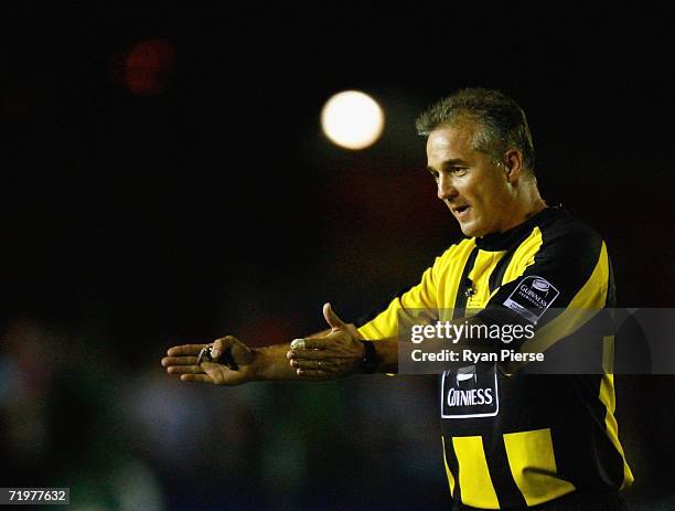 Referee Chris White makes a decision during the Guinness Premiership match between NEC Harlequins and Leicester Tigers at Twickenham Stoop on...