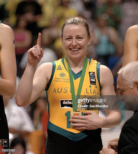 Kristi Harrower Australia on the medal stand after the gold medal game between Australia and Russia during the 2006 FIBA World Championship For Women...