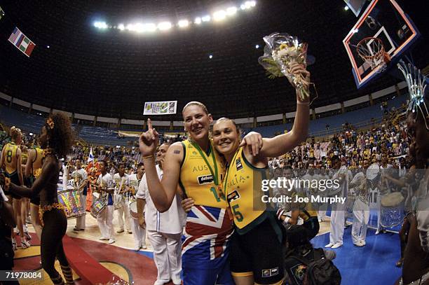 Lauren Jackson and Tully Belivaqua of Australia celebrate after wining the gold medal game between Australia and Russia during the 2006 FIBA World...