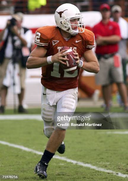 Quarterback Colt McCoy of the Texas Longhorns drops back to pass against the Iowa State Cyclones on September 23, 2006 at Texas Memorial Stadium in...
