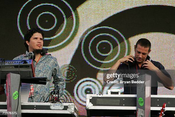 Eric Hilton and Rob Garza of Thievery Corporation perform onstage at the Virgin Festival by Virgin Mobile at Pimlico Race Course on September 23,...