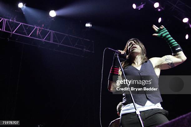 Anthony Kiedis of Red Hot Chili Peppers performs onstage at the Virgin Festival by Virgin Mobile at Pimlico Race Course on September 23, 2006 in...