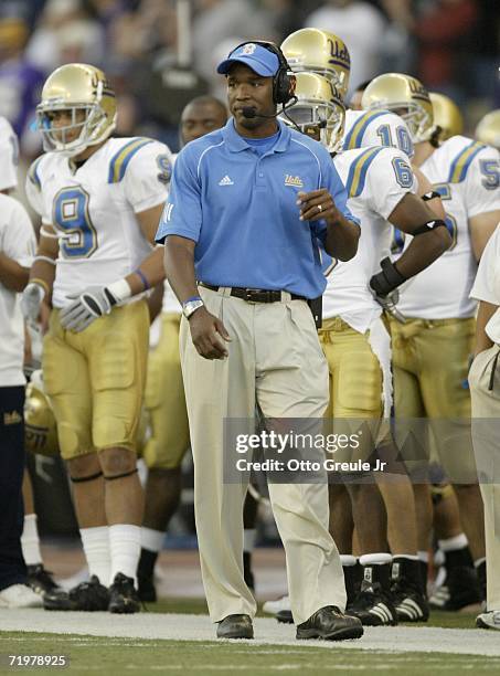 Head coach Karl Dorrell of the UCLA Bruins reacts after the Washington Huskies scored on an interception in the fourth quarter on September 23, 2006...