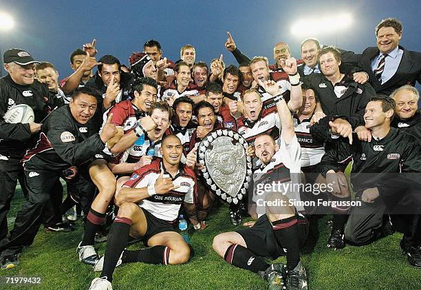 North Harbour celebrate with the Ranfurly Shield after the Air New Zealand Cup match between Canterbury and North Harbour at Jade Stadium on...