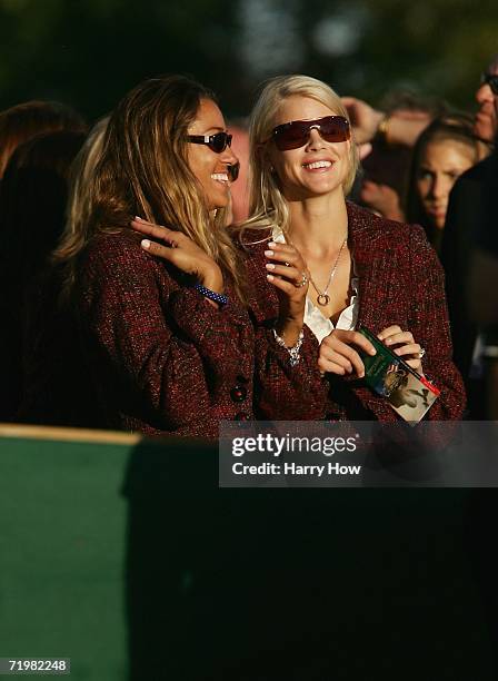 Melissa Lehman and Elin Woods share a joke during the closing ceremony after Europe win the Ryder Cup by a score of 18 1/2 - 9 1/2 on the final day...