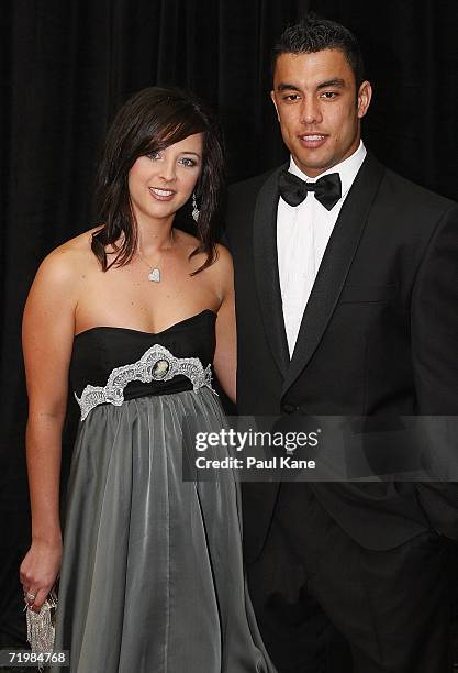 Daniel Kerr of the West Coast Eagles and his partner Melanie Cousins arrive for the West Coast Eagles 2006 AFL Brownlow Medal Dinner at the Burswood...