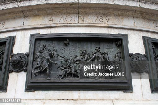 France, Paris, 3rd district, Place de la Republique, bronze bas-relief by Leopold Morice : August, 4th, 1789, abolition of the feudal system and the privileges