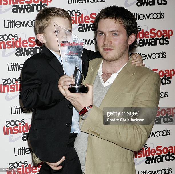 Actors Matt Littler and Ellis Hollins pose with Ellis's Awards for Best Young Actor at the Inside Soap Awards at Floridita on September 25, 2006 in...