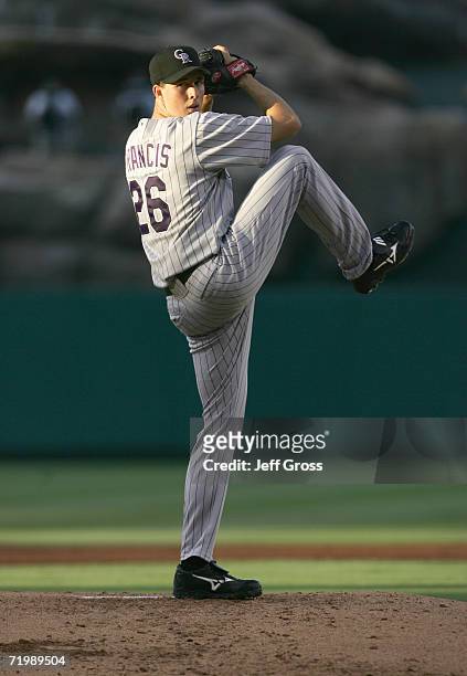 Jeff Francis of the Colorado Rockies throws a pitch in the first inning against the Los Angeles Angels of Anaheim on June 28, 2006 at Angel Stadium...