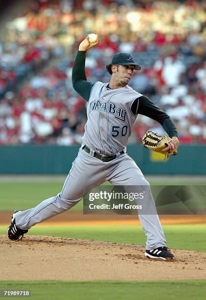 James Shields of the Tampa Bay Devil Rays throws a pitch in the second inning against the Los Angeles Angels of Anaheim at Angel Stadium during the...