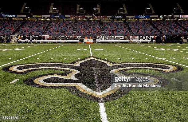 An interior view of the field showing the New Orleans Saints logo, a fleur-de-lis, in the newly refurbished Superdome prior to the Monday Night...