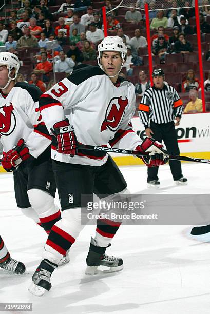 Defender Scott Lachance of the New Jersey Devils is on the ice during the preseason game against the Philadelphia Flyers on September 21, 2006 at the...