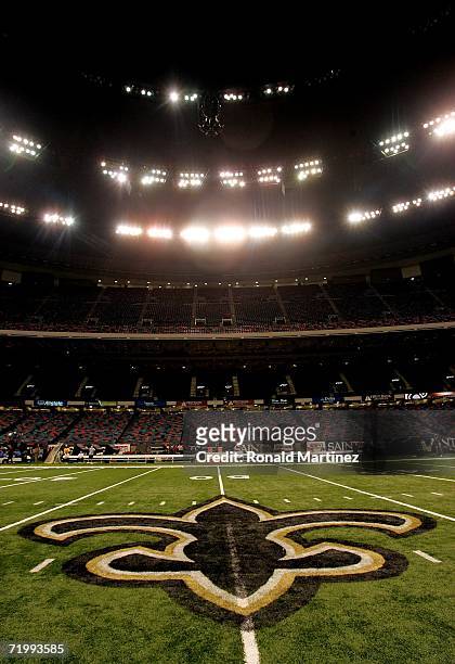 An interior view of the field showing the New Orleans Saints logo, a fleur-de-lis, in the newly refurbished Superdome prior to the Monday Night...