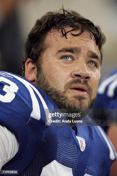 Center Jeff Saturday of the Indianapolis Colts looks on during the game against the Jacksonville Jaguars at the RCA Dome September 24, 2006 in...