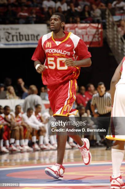 Greg Oden of the East looks on against the West during the 2006 McDonald's All American High School Basketball game at Cox Arena on March 29, 2006 in...