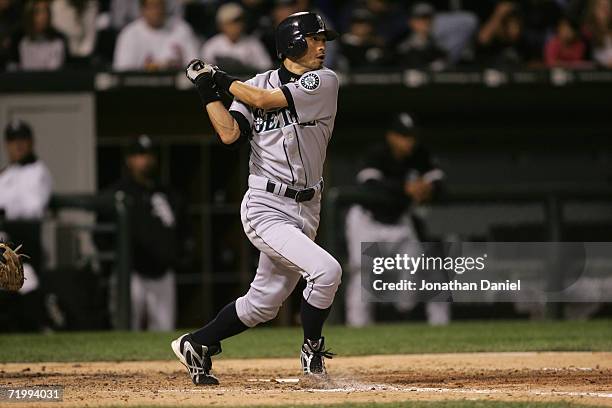 Ichiro Suzuki of the Seattle Mariners swings the bat during a game against the Chicago White Sox at U.S. Cellular Field on September 21, 2006 in...