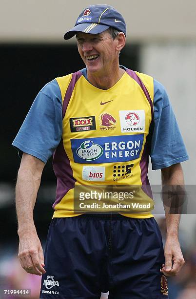 Wayne Bennett, coach of the Broncos laughs during a team training session at the Broncos fan day at Red Hill September 26, 2006 in Brisbane,...