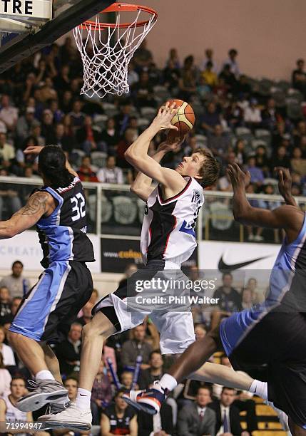 Joe Ingles of the South Dragons lays up the ball during the round two NBL match between the New Zealand Breakers and the South Dragons at the North...
