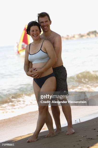 German Biathlon Athlete and Olympic Gold medalist Uschi Disl poses with her partner Thomas Soederborg at the 2006 Champion of the Year Week at the...