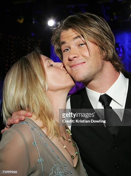 Actor Chris Hemsworth recieves a kiss from his mother Leonie Hemsworth at the Dancing With The Stars after show drinks party, following the first...