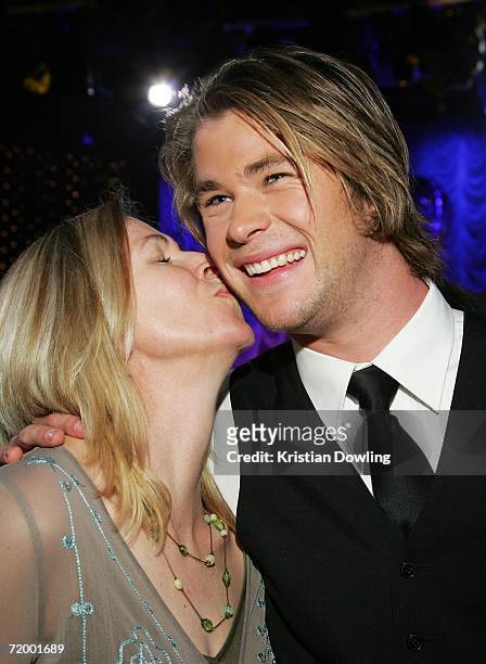 Actor Chris Hemsworth recieves a kiss from his mother at the Dancing With The Stars after show drinks party, following the first night of Season Five...