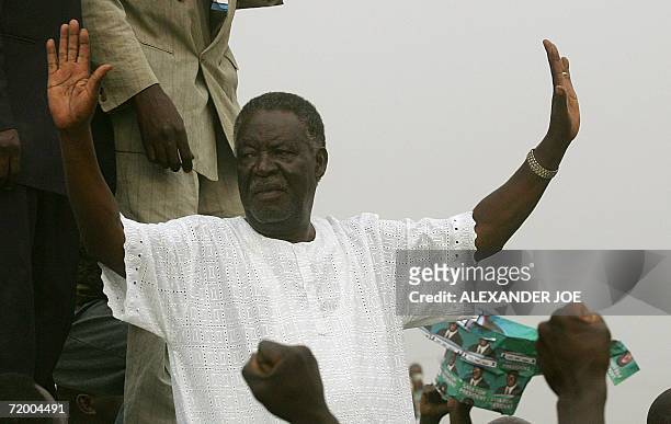 Zambia's opposition party Patriotic Front leader Michael Sata addresses supporters during a rally in Lusaka 26 September 2006. Sata has emerged as...