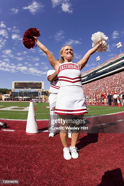 Arkansas Razorback cheerleaders perform during a game against the Alabama Crimson Tide at Donald W. Reynolds Stadium on September 23, 2006 in...