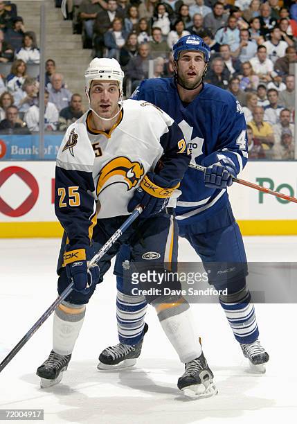 Mark Mancari of the Buffalo Sabres skates against Jay Harrison of the Toronto Maple Leafs during the NHL pre-season game at the Air Canada Centre...