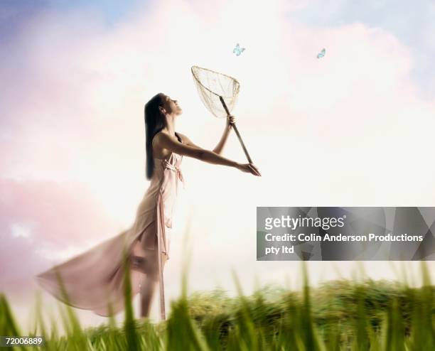 woman catching butterflies with net - catching butterflies stock pictures, royalty-free photos & images