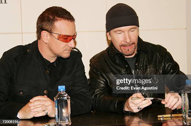 Band members Bono and The Edge make an appearance at The Union Square Barnes & Noble bookstore to sign copies of their new book "U2 By U2" September...