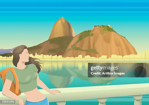 close-up of a young woman standing and leaning against a balustrade - balustrade stock illustrations