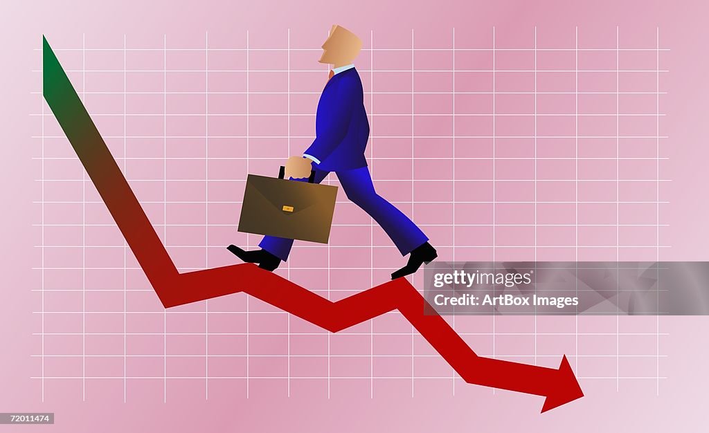 Side profile of a businessman walking up a line graph and carrying a briefcase