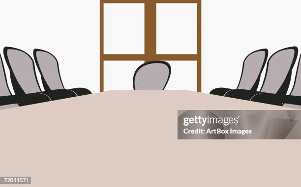 table and chairs in an empty conference room - empty box table stock illustrations
