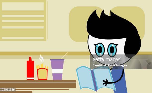 side profile of a boy reading a book in front of a table - kid drinking straw stock illustrations