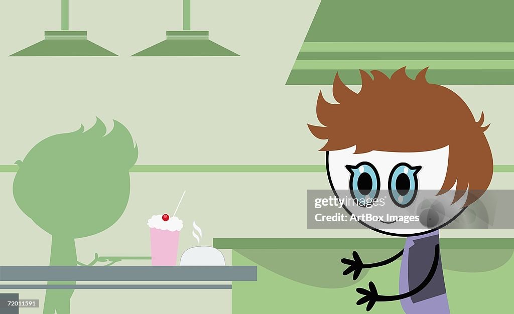 Side profile of a boy walking towards a table