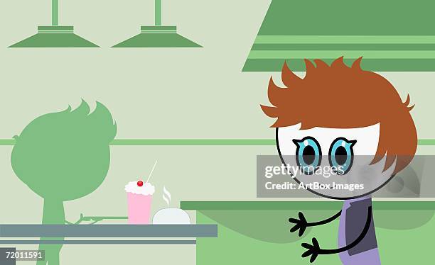 side profile of a boy walking towards a table - ice cream float illustration stock illustrations