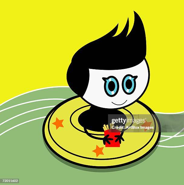 stockillustraties, clipart, cartoons en iconen met close-up of a boy on an inflatable ring holding a packet of french fries - stekeltjeshaar