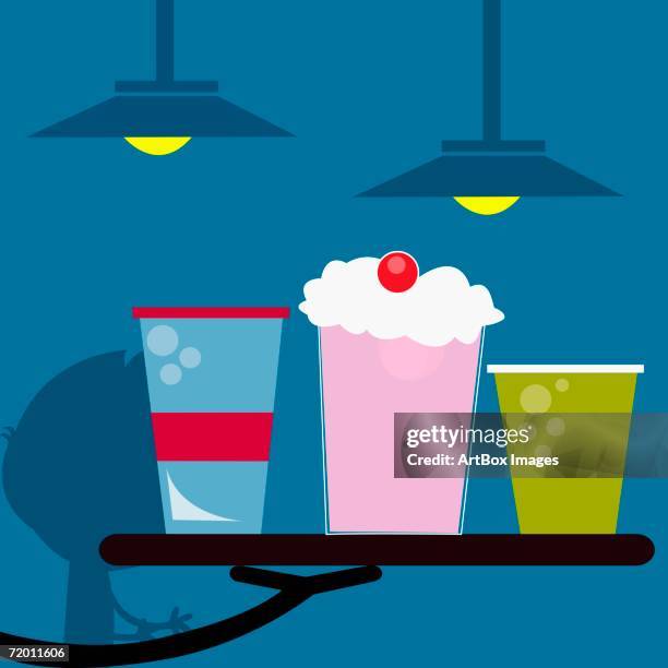 close-up of an ice-cream float with a glass of juice on a tray - ice cream float stock illustrations