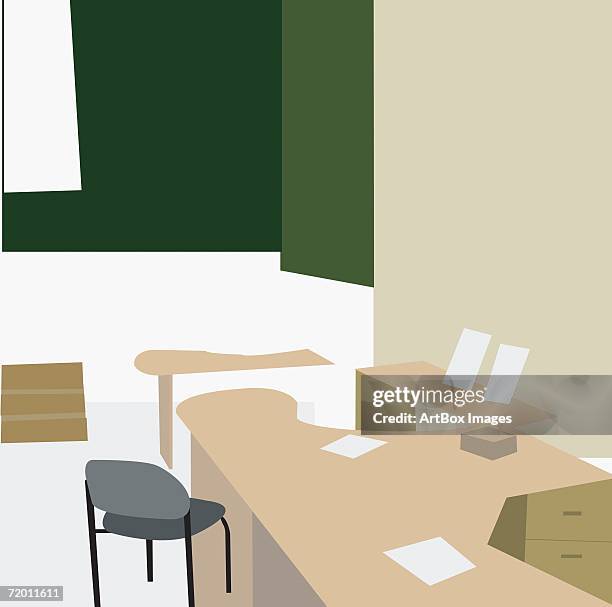 empty chair and a desk in an office - box office stock illustrations stock illustrations