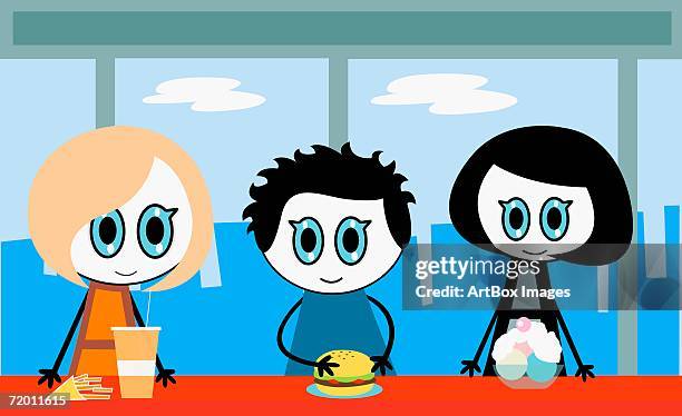 portrait of two girls and a boy standing at a table with food - spitzhaarfrisur stock-grafiken, -clipart, -cartoons und -symbole
