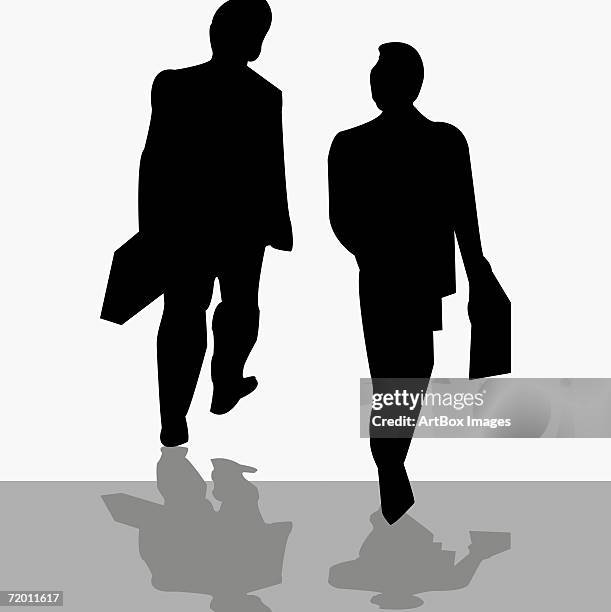 rear view of two businessmen walking - 2 businessmen in silhouette stock illustrations