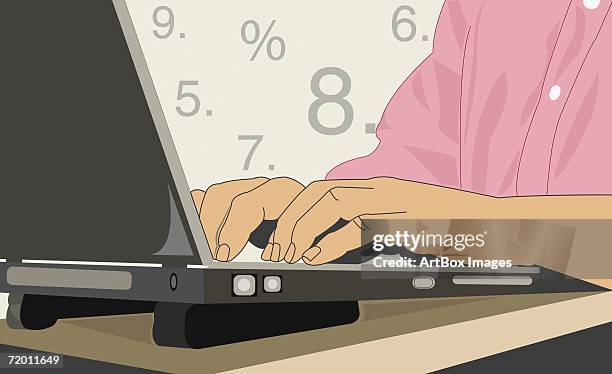 mid section view of a person using a laptop - hands typing on computer stock illustrations