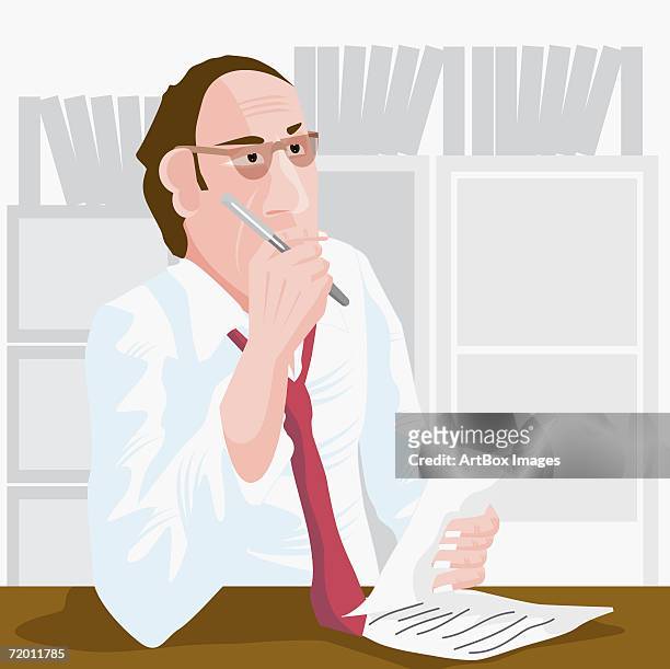 close-up of a businessman sitting in an office and thinking - box office stock illustrations stock illustrations