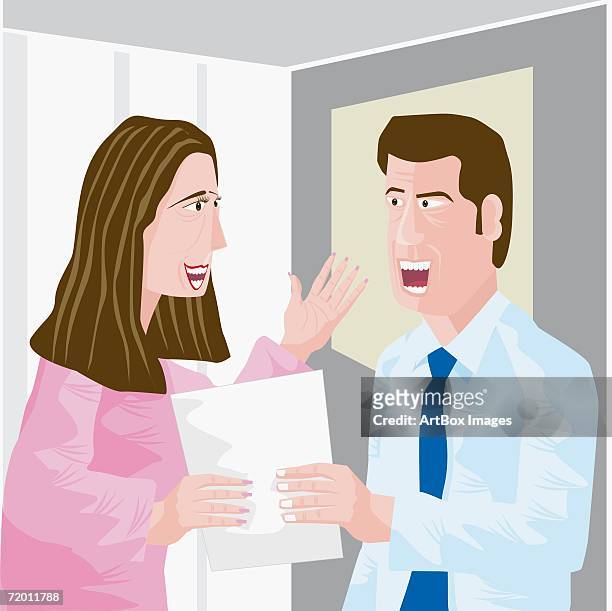 close-up of a businessman and a businesswoman arguing in an office and holding a document - box office stock illustrations stock illustrations