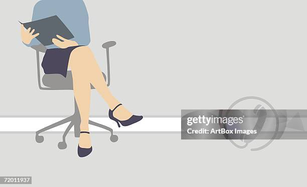 low section view of a businesswoman sitting on an office chair and holding a file - box office stock illustrations stock illustrations