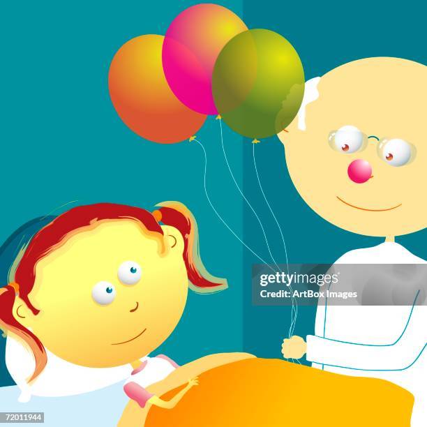 male doctor standing near a patient and holding balloons - patient lying on back stock illustrations