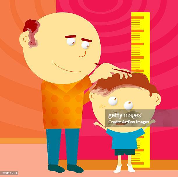 mature man measuring a boy's height against a height chart - height chart stock illustrations