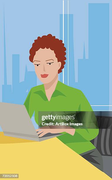 close-up of a businesswoman sitting in an office and using a laptop - box office stock illustrations stock illustrations