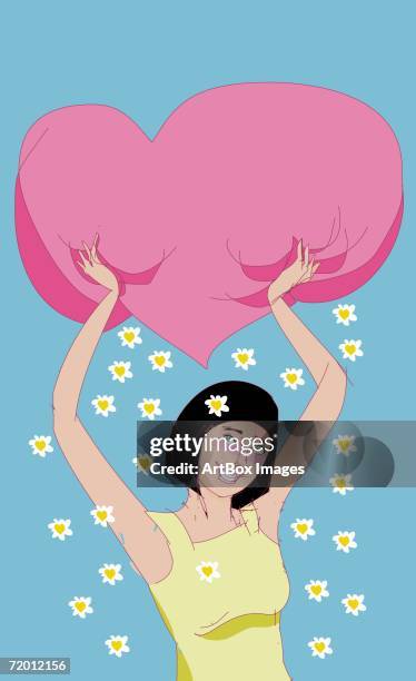 young woman holding up a cloud with flowers falling around her - down vest stock illustrations